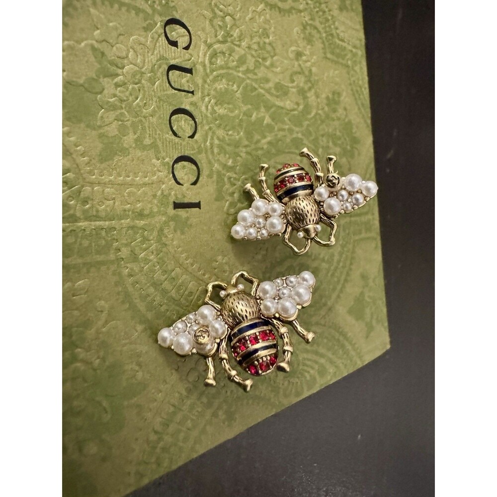 Gucci Vintage Antique Gold Bee Stud Earrings with Faux Pearl & Red Gems
